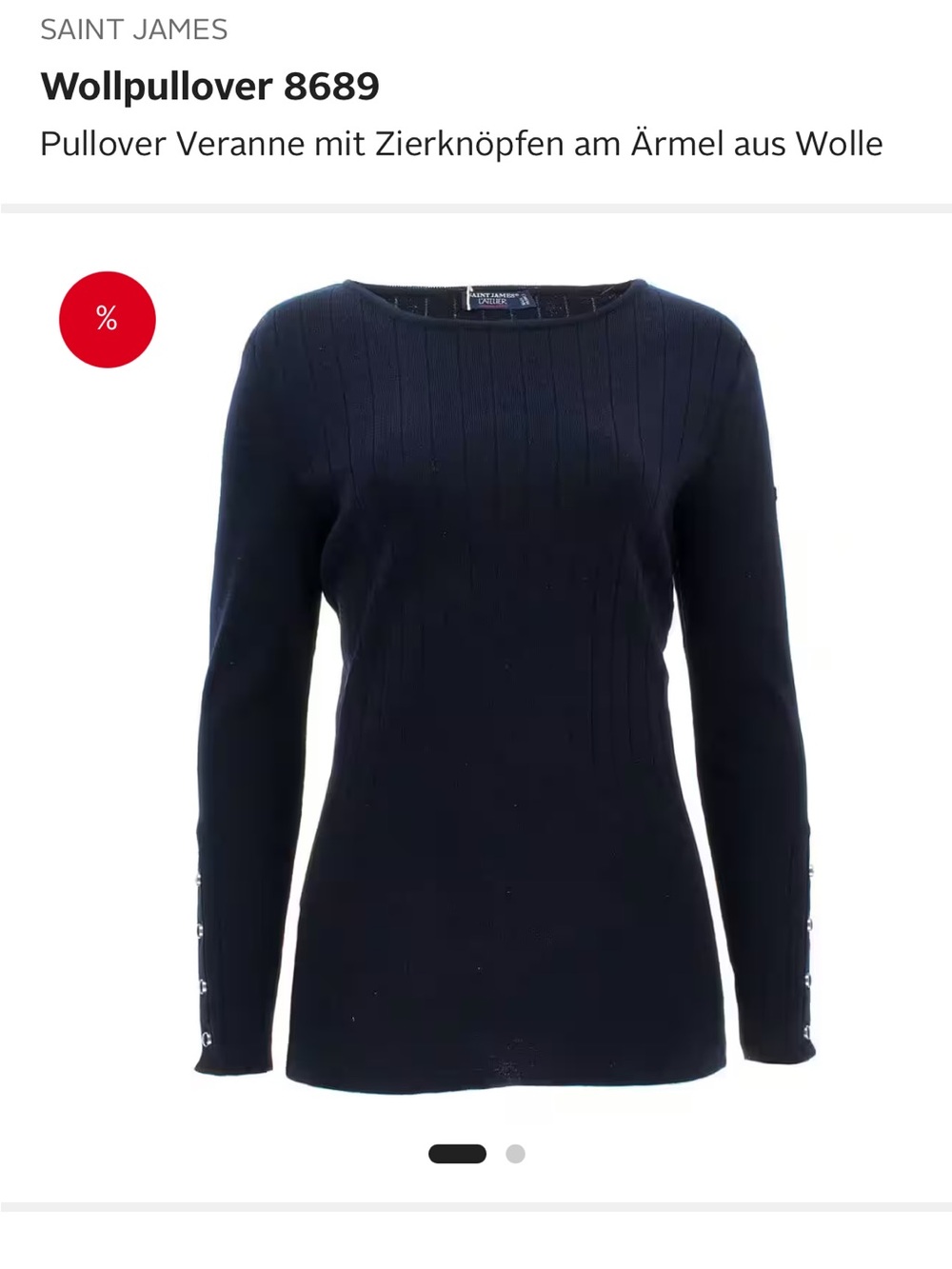 Saint James Navy Crewneck Ribbed Sweater with Button-Cuff  -100% merino wool
